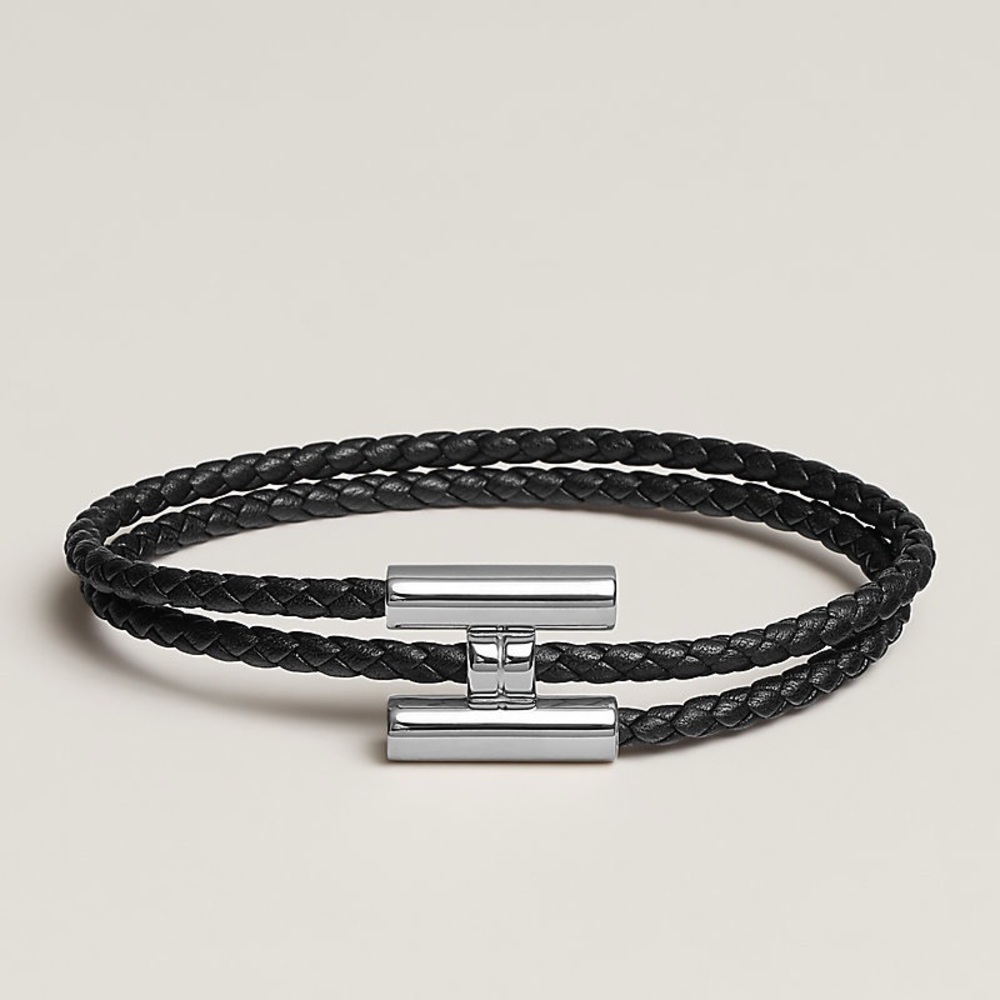 Hermes unisex H logo woven leather string Tournis Tresse bracelet NEW